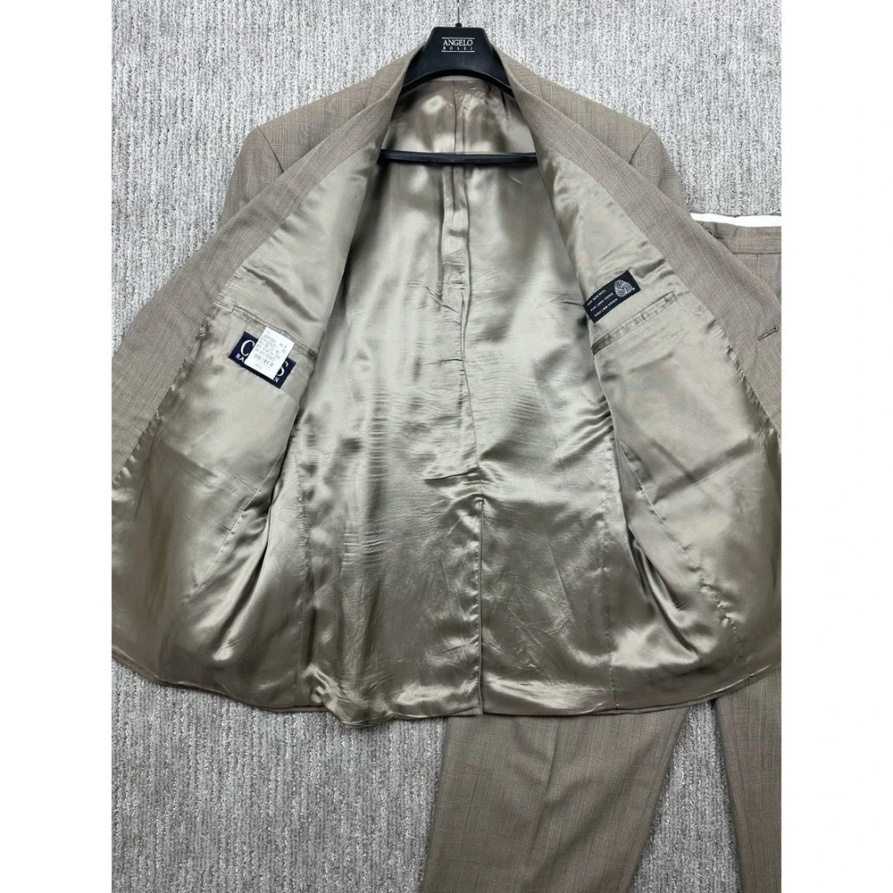 Vintage Chaps Ralph Lauren Beige Wool Glen Plaid Suit Men 46 Pleated Pants 40x32